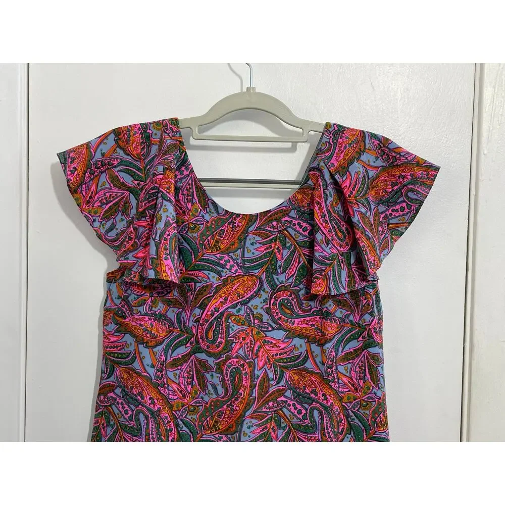 J Crew Silk Dress Size 2 Pink Paisley Ruffled Preppy Country Club Spring